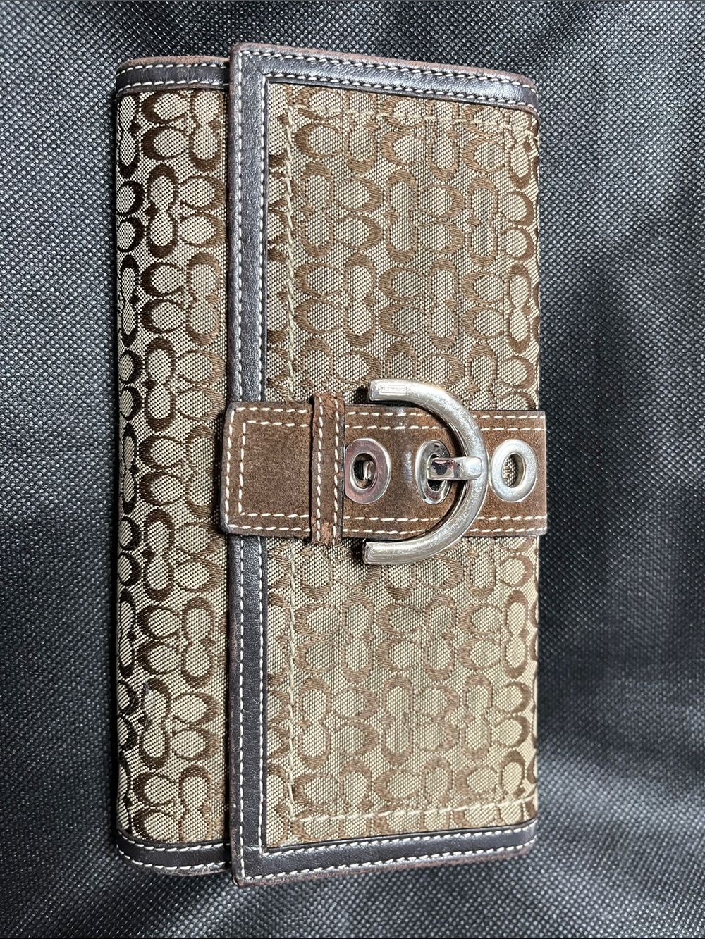Coach Vintage Brown Mini C Signature Jacquard Wallet w Silver Buckle EUC